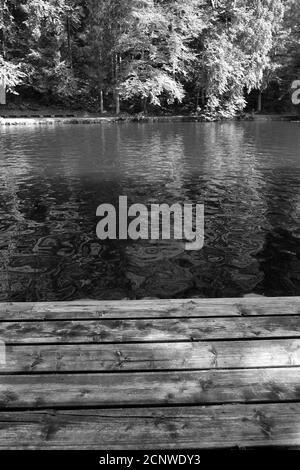 Immagine verticale in scala di grigi di una banchina di legno su un lago Foto Stock