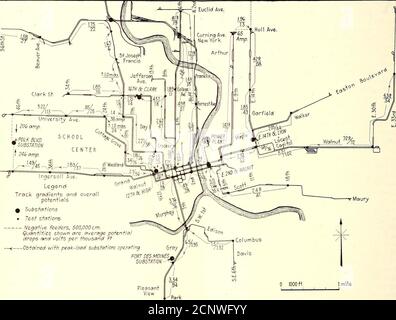 . Giornale ferroviario elettrico. Sed sulle condizioni di picco-carico e abilitàtutte e sei le sottostazioni per trasportare le loro porzioni proprie di theload durante il picco. Quando il carico scende, le stazioni che funzionano alle tensioni più basse sono le prime a spegnersi. Per evitare che le due stazioni di carico di picco si accendano e si spengano inutilmente, i commutano in corrispondenza delle posizioni effettive del campo. I risultati delle misurazioni sono mostrati graficamente sulla piastra 2. I valori medi delle tensioni di eccesso sono praticamente tutti inferiori a 10 volt. Alcuni valori insolitamente alti sono stati osservati per brevi periodi, ma queste condizioni Foto Stock