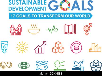 Segnale di responsabilità sociale aziendale. Illustrazione vettoriale degli obiettivi di sviluppo sostenibile. Cartelli SDG. Pittogramma per annunci, web, app mobile, promo. Illustrazione Vettoriale