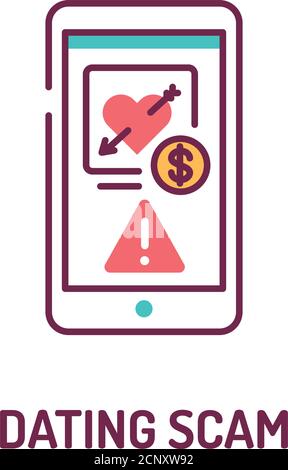 Datazione scam sullo schermo dello smartphone icona della linea a colori. Internet criminale, inganno, frode elemento. Accedi alla pagina Web, app mobile. MODELLO GUI UI UX. Illustrazione Vettoriale