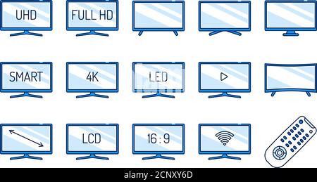 Set di icone della linea dei colori del televisore. Ricevere i segnali di trasmissione e trasformarli in immagini e audio. Diversi tipi di display tv. Pittogramma per la pagina Web Illustrazione Vettoriale