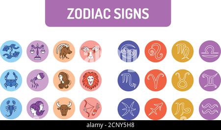 Set di icone delle linee di colore dei segni zodiacali. Astrologia. Oroscopo. Tutti i segni ed elementi zodiacali. Previsioni e carattere umano. Elemento di progettazione GUI UI UX Illustrazione Vettoriale