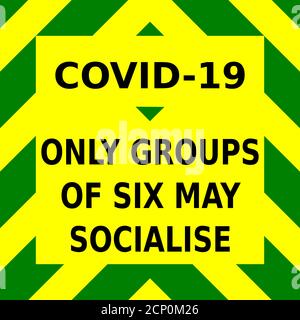 Grafico vettoriale verde e giallo, che suggerisce che solo gruppi di sei possono socializzare, al fine di ridurre la possibilità di una seconda ondata di infezioni di covidio Illustrazione Vettoriale