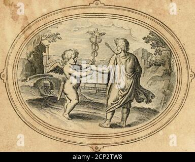 . Les emblemes de l'amour humain . *» EMBLEMATA AMOR FACIT ESSE ESSE DISERTVM. Mcrcunj dat Amor virgam fubîtlU amantijiuream, C? Eloqutj flwnina blanda ftnitd^ Morihiis atcjue illum pUàturps format amtcae.QII famt almus Amor ,jpontt diftrtHs erit. Il ben Parlar Infegna. Inferno, al yîmator alta eloquenza^B /oaiii concetti ^mor jagacz,1)a trOliar nel airata e gratta , e pace»^More è majlro anchora di fciznz^. Lamour à lamant lenfeigne déloquence,JApprcud les mots dorez, kiy montlre la fa^Oude piaire à la maiftrefle , & gaigner fon giron.Lamour a inuenté mainte belle fci Foto Stock