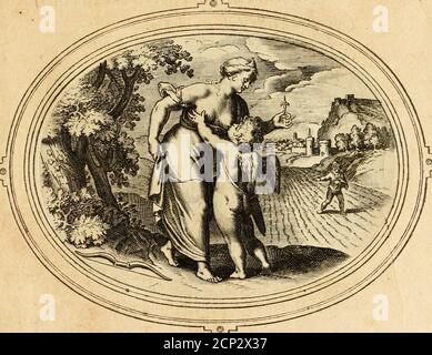 . Les emblemes de l'amour humain . K 58 EMBLEMATA Piador. SPES AMORIS NVTRIX OPTIMA. Spes ejl qna foueat, ^es e fi qua pa/Cat amantem :Quidlibet h^ç perfcrt knius ac leuith, Sujicptumq,femel conflanter fcruat Amorem.JIT mijer ejl Vere ^ Spe fine qtufiiuis amat. La speranza nutrifcc .la îpeme è del jîmor lalma, mUrìce,Tïm Vtuo il foco yfoffrc , non fi fde^na ,âAcqutïlare , e godere il modo infe^na.Sen^ ipcran^ amar tropp è infelice . Efpoir nourrit. LEfpoir eft he Lamour la nourrice meilleure,lEfpoir nous entertient , lcfpoir nous fait fouffrir,lEfpoir poourfuiure fait, iouyr, & acquérir.Aimer f Foto Stock