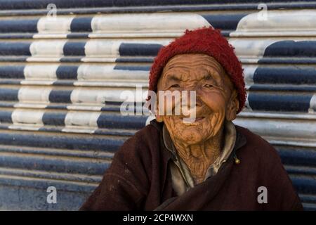 Choglsar, casa dei rifugiati tibetani, ritratto di una vecchia donna tibetana Foto Stock