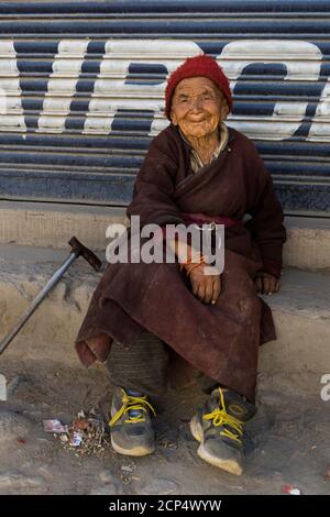 Choglsar, casa dei rifugiati tibetani, ritratto di una vecchia donna tibetana Foto Stock