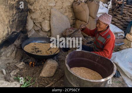 Tsampa è arrostito al Monastero di Mune Gompa Foto Stock