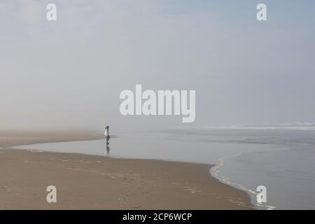 Una donna in piedi da sola su una spiaggia nebbiosa. Foto Stock