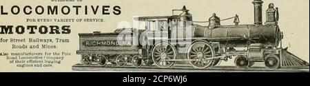 . L'ingegnere della locomotiva . PlCKSON JTIANUFACTURING []() ■.oconiotlves di tver&gt; »ti&gt;ic e dimensioni, Slaiitlard e NarroMT Gnuue, inntle a siitiiditrd Uuififfen iiiiiid TEM-plets. Anche per PliiilalfonN, Mliit.-H iintl LOKKlniE. SPECIFICHE DI APPLICAZIONE. JAS. P. DICKSON. PPES.E. W. WKST&lt;»N, V. IRC. WM. H, PERKINS, vedere. E Trpaa.JOHNlEVINE. Siiiiit. RICHMOND LOCOMOTIVA & MACCHINE LAVORI, »!,w«no,LOCOMOT. H. K. PORTER & CO. Pittsburgh, Pa.Liglit locomotivi i motori a vapore senza rumore. IL RICHARDSON E L'ALLEN-RICHARDSON Foto Stock