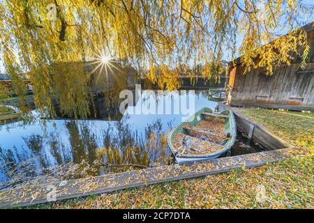 Barche e capanne sulla Staffelsee all'alba, Seehausen am Staffelsee, Blaues Land, alta Baviera, Baviera, Germania meridionale, Germania, Europa Foto Stock