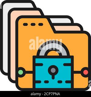 Cartella con blocco, protezione file, protezione dati, icona a linea piatta a colori. Illustrazione Vettoriale