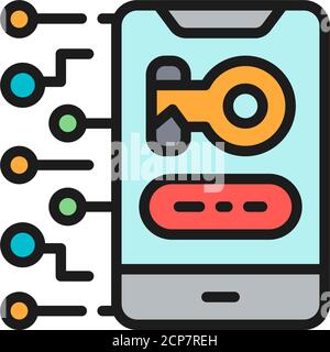 Telefono con chiave privata, protezione personale, crittografia icona a linea piatta a colori. Illustrazione Vettoriale