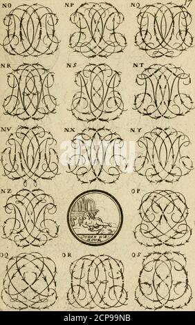 . Recueil d'emblêmes, devises, medailles, et figures hieroglyfiques : au nombre de Plus de douze cent, avec leurs explications, accompagné de Plus de deux mille chiffres fleuronnez simples, double & triples, d'une maniere nouvelle & fort curieuse pour tous les noms immaginable : avec les inquilini, supporti, & cimiers servans aux ornemens des armes ... . Foto Stock