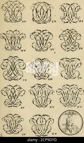 . Recueil d'emblêmes, devises, medailles, et figures hieroglyfiques : au nombre de Plus de douze cent, avec leurs explications, accompagné de Plus de deux mille chiffres fleuronnez simples, double & triples, d'une maniere nouvelle & fort curieuse pour tous les noms immaginable : avec les inquilini, supporti, & cimiers servans aux ornemens des armes ... . Foto Stock