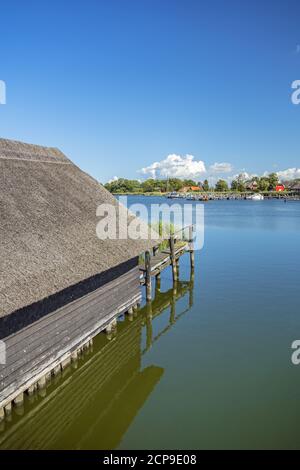 Capanne per barche sul Prerower Strom a Prerow, Fischland-Darß-Zingst, Meclemburgo-Pomerania occidentale, Germania, Europa Foto Stock