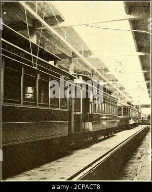 . Il giornale ferroviario di strada . SPRINKLER NEL TETTO IN FASE DI TEST con l'impianto sprinkler. Il sistema viene alimentato conaria dal compressore ad azionamento elettrico situato nel negozio di riaccoppiamento. Una linea indipendente di tubelaid galvanizzato da -)4-in. Interrato con valvole di controllo e di non ritorno al compressore viene estesa a ciascun sistema controllato separatamente. Questo tubo fornisce un mezzo per esaminare prontamente e manipolare l'apparecchio per riempire la pressione dell'aria. Foto Stock