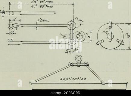 . Ingegnere meccanico ferroviario . ^^ in. spesso e 12 in. di diametro con tre 1 1/16-. Dispositivo Liftlng per pneumatici in fianging. Fori trapanati in un cerchio da 8 poll. Econ un gancio sull'estremità inferiore posizionato un diametro di 1 poll. Attraversa ciascuno dei tre fori con l'occhio piegato come mostrato nel disegno.un golfare di materiale rotondo da 1 poll. Viene inserito attraverso l'asola al centro della piastra e rivettata sul lato inferiore, fornendo così un fissaggio al gancio della gru. Il Foto Stock