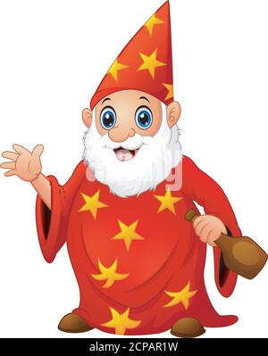 Vecchio mago rosso che tiene una bottiglia Illustrazione Vettoriale