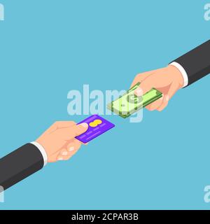 Un uomo d'affari isometrico 3D piatto ha ricevuto un rimborso quando paga con carta di credito. Concetto di rimborso in denaro. Illustrazione Vettoriale