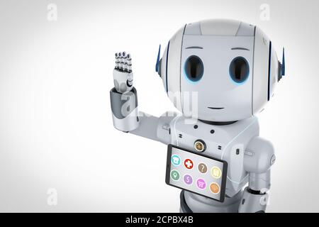 Robot assistente con rendering 3d carino robot con tablet digitale Foto Stock