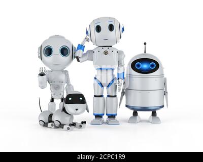 gruppo di rendering 3d di robot di intelligenza artificiale con carattere cartoon Foto Stock