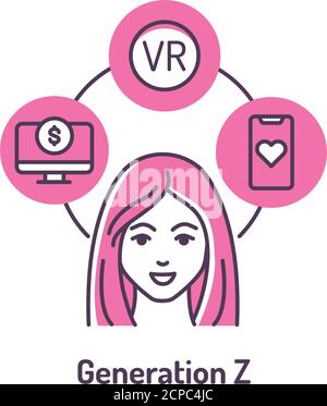 Icona della linea di colore Z genarazione su sfondo rosa. Stile di vita: Lavoro remoto, avvio, datazione online, realtà virtuale. Illustrazione Vettoriale