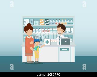 Farmacia con farmacista e bambino disegno piatto illustrazione vettoriale Illustrazione Vettoriale