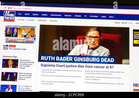 Screenshot del sito web Fox News che annuncia la morte della Corte Suprema Giustizia Ruth Bader Ginsburg il 18 settembre 2020. Foto Stock