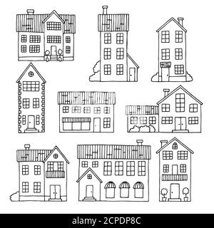 Schema di disegno isolato bianco nero del set di case Illustrazione Vettoriale