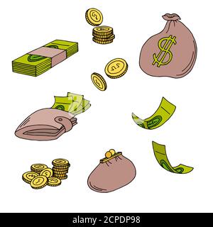 Grafico money set colore schizzo vettore di illustrazione isolato Illustrazione Vettoriale