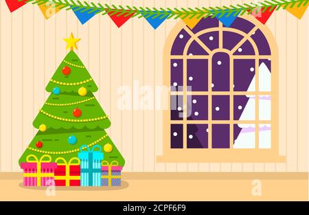 Albero di Natale interno decorato soggiorno con gives.Fir-tree con sfere e ghirlande e una stella. Illustrazione Vettoriale