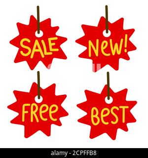 set di diversi tag ed etichette per la pubblicità e la promozione nel colore rosso Illustrazione Vettoriale