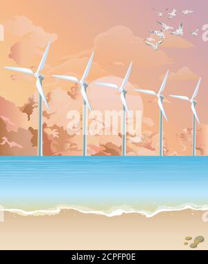 Turbine eoliche offshore per la produzione di energia verde rinnovabile sostenibile un cielo rosa all'alba o al tramonto Illustrazione Vettoriale