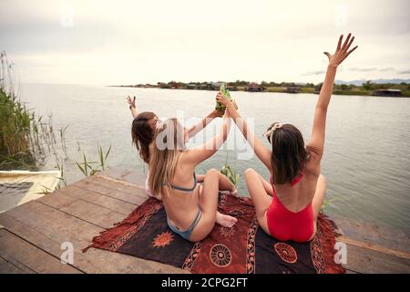Ragazze giovani attraenti e allegre in bikini che fanno brindisi sopra la riva del lago in un clima soleggiato Foto Stock