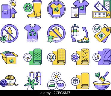 Set di icone per linee di colori eco-tessili. Abbigliamento e altri accessori progettati per l'uso di prodotti biologici. Pittogramma per pagina web, app mobile, promo. UI UX Illustrazione Vettoriale