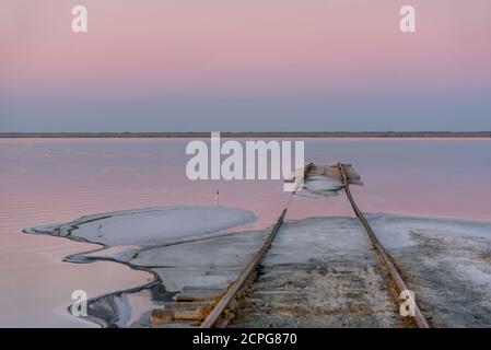 Delicate albe rosa su un lago salato, ringhiere che vanno in acqua e sale sulla riva in primo piano. Lago Bursol, Altai, Russia. Foto Stock