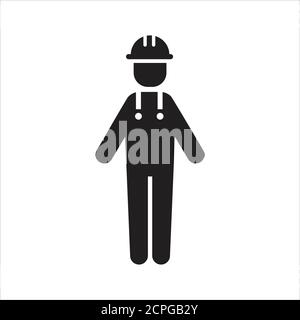 Icona vettore lavoratore. Figura a tutta lunghezza con casco e uniforme su uno sfondo isolato Illustrazione Vettoriale