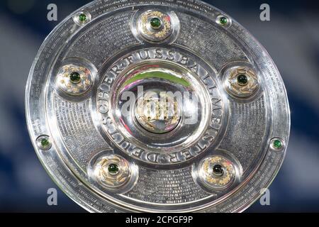 Monaco, Germania. 18 Settembre 2020. Calcio: Bundesliga, Baviera Monaco - FC Schalke 04, 1° incontro nell'Allianz Arena. Il trofeo di campionato si può vedere su un podio prima dell'inizio della partita. Credito: Matthias Balk/dpa - NOTA IMPORTANTE: In conformità con le norme del DFL Deutsche Fußball Liga e del DFB Deutscher Fußball-Bund, è vietato sfruttare o sfruttare nello stadio e/o nel gioco le fotografie scattate sotto forma di sequenze di immagini e/o serie di foto di tipo video./dpa/Alamy Live News Foto Stock