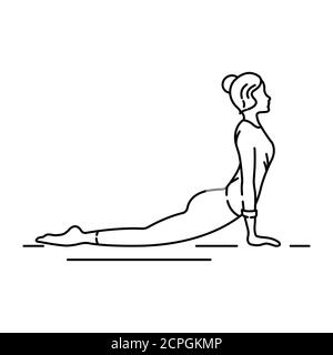 Cobra posa Bhujangasana icona linea nera. Asana reclinabile in hatha yoga e yoga moderno come esercizio. Pittogramma per pagina Web, app mobile Illustrazione Vettoriale