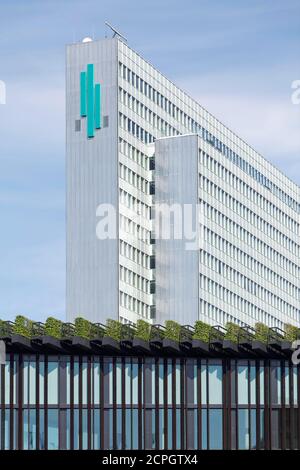Alto edificio a tre lastre e Valle di Ingenhoven, Kö-Bogen II o K II, tetto piantato con carpino, Düsseldorf, Nord Reno-Westfalia, Germania, Europa Foto Stock