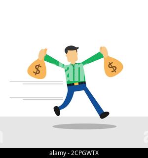Disegno vettoriale di illustrazione di businessman che corre e tiene borse di denaro Illustrazione Vettoriale