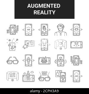 Set di icone a linea nera per realtà aumentata. Tecnologia digitale. Pittogramma per pagina web, app mobile, promo. Elemento di progettazione GUI UI UX. Illustrazione Vettoriale