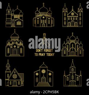 Icone della chiesa cristiana linea d'oro e mani di preghiera vettore beads isolato su sfondo bianco Illustrazione Vettoriale