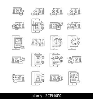 Blog sul sito Web e sullo smartphone vengono impostate le icone della linea nera. Streaming di video per la promozione dei contenuti. Vlogging. Pittogrammi per pagina Web, app mobile, promo. INTERFACCIA UTENTE Illustrazione Vettoriale