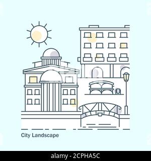 Banner orizzontale della città con edifici pianeggianti. Costruzione di città lineare, architettura paesaggio vettore illustrazione Illustrazione Vettoriale