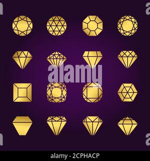 Diamanti forme oro vettore icone set su sfondo viola Illustrazione Vettoriale