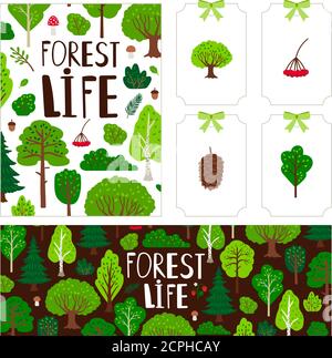 Scheda tag banner alberi. Cartoon naturalmente foresta panorama ed elementi vettoriali con sfondo verde albero insieme Illustrazione Vettoriale