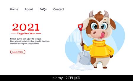 Biglietto d'auguri con toro divertente. Carino personaggio cartoon bull in pullover, il simbolo del Capodanno cinese 2021. Utilizzabile per landing page, sito web ecc. Vect Illustrazione Vettoriale