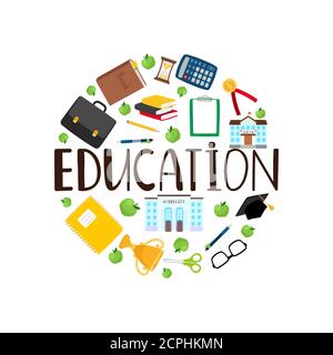 Banner circolare vettoriale educativo con cancelleria, libri, icone di edifici Illustrazione Vettoriale